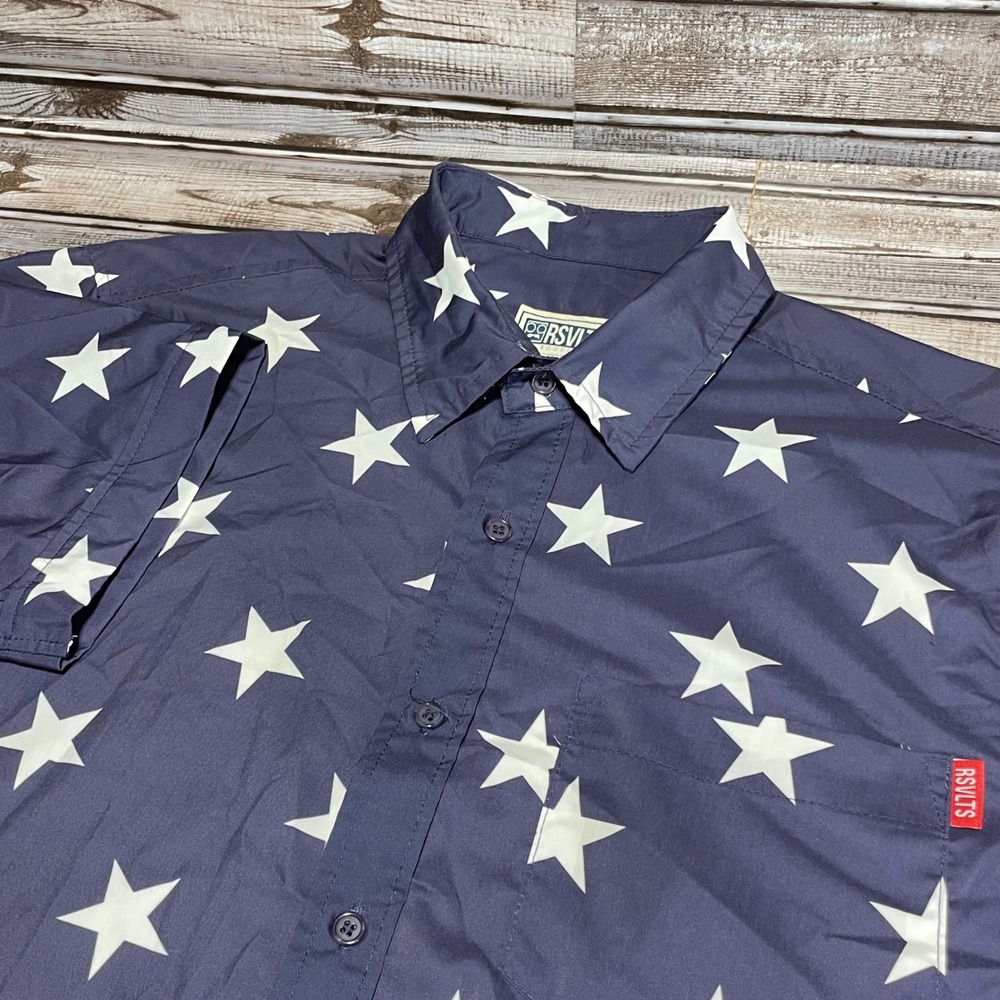 RSVLTS Americana Stars Navy‎ Blue Short Sleeve Button Down Shirt Size Medium